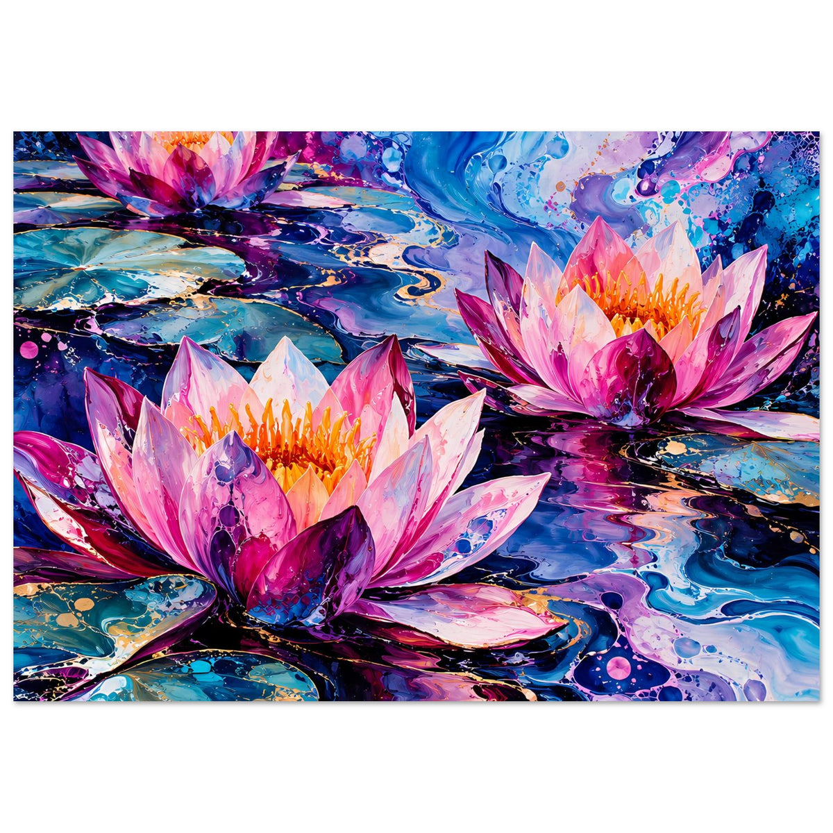 Querformatiges Blumenposter mit abstrakten Seerosen in Pink, Blau und Violett