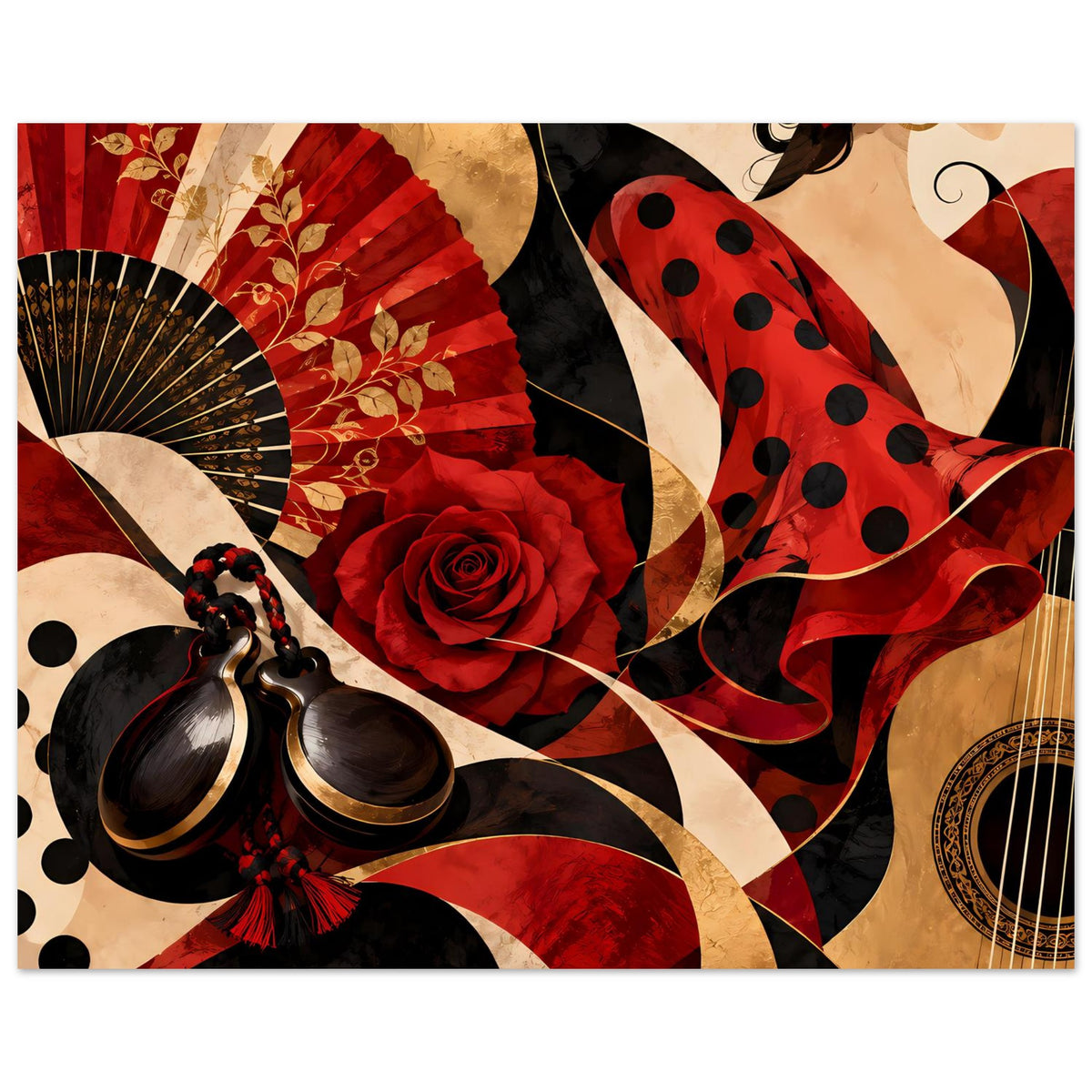 Flamenco-Poster Ausschnitt mit Fächer, roter Rose, schwarzen Tupfen und rotem Schleifenmotiv.