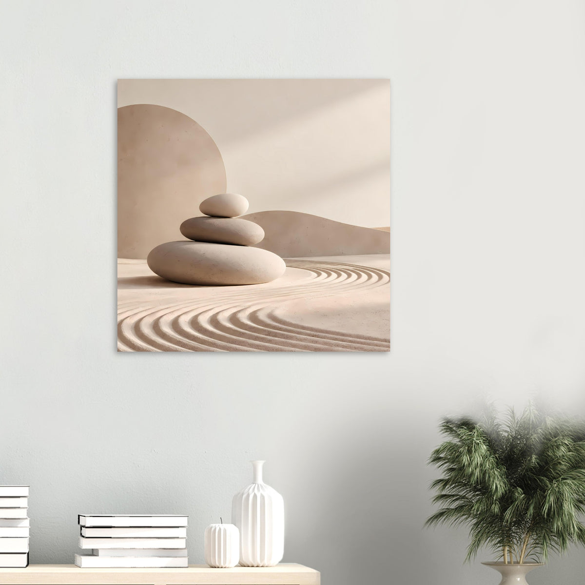 Poster mit Zen-Steinen, Sandrillen und großer Lichtfläche im Hintergrund