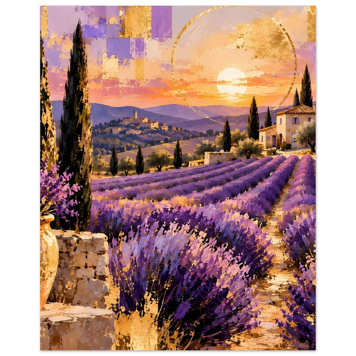Poster mit Lavendelfeld, goldener Abendsonne und Dorf rechts, Fokus auf lila Reihen