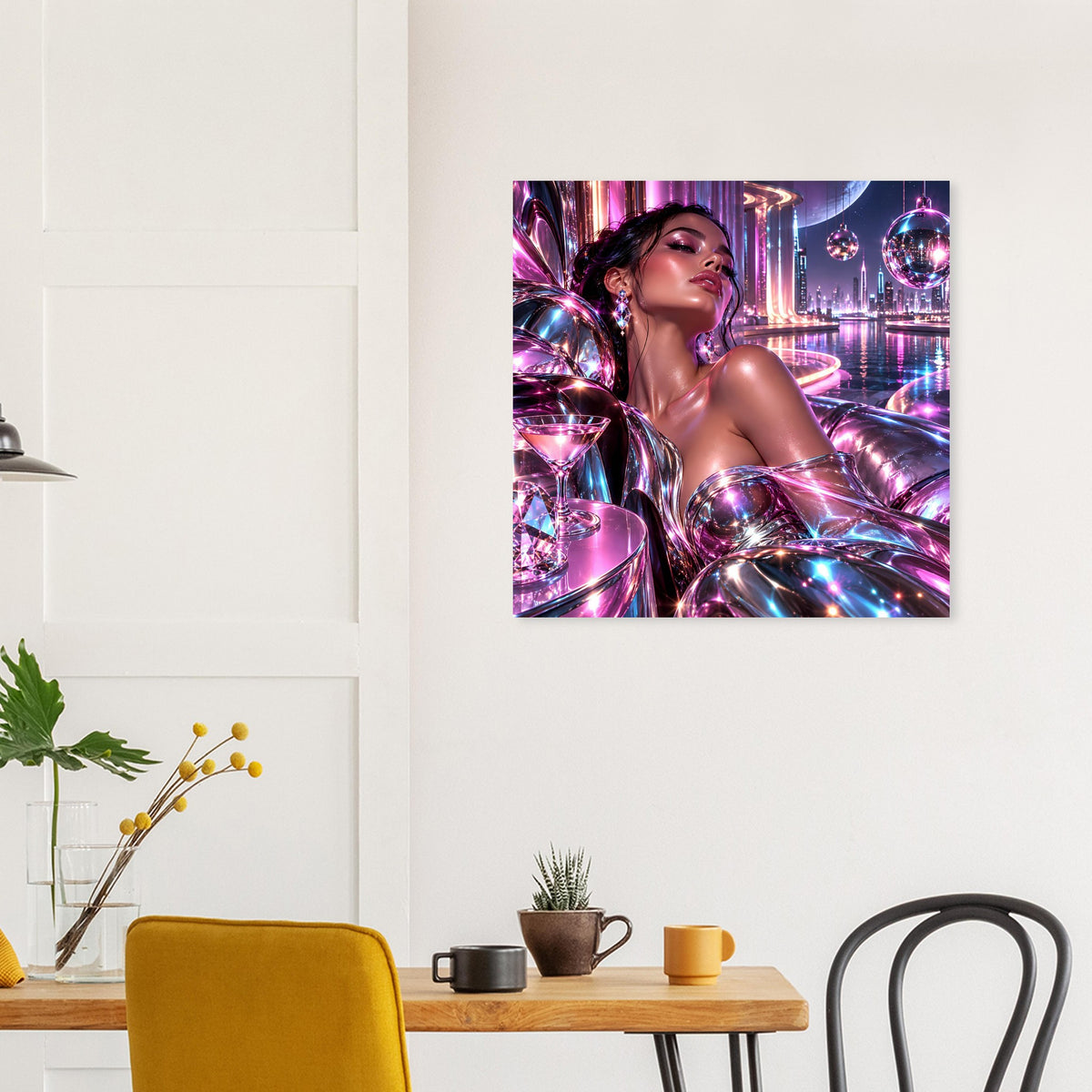 Neon-Futurismus-Poster mit Frau im silbrig-violettem Glanz und leuchtenden Neonstreifen im Hintergrund