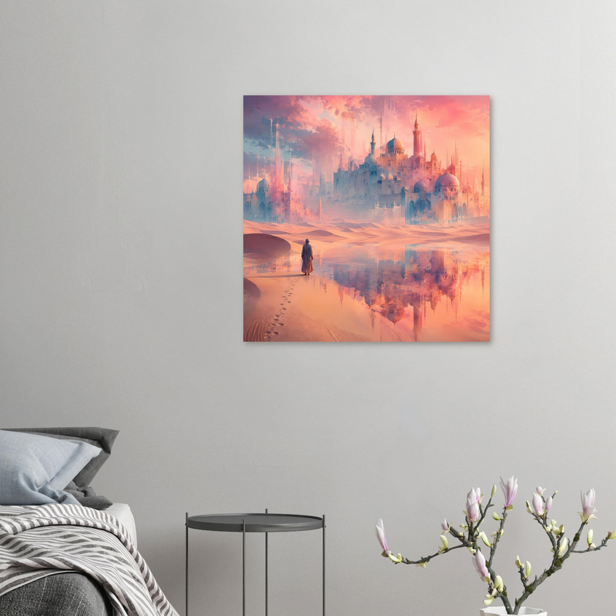Quadratisches Poster mit orientalischer Traumstadt, Sanddünen und Spiegelung im rosafarbenen Himmel