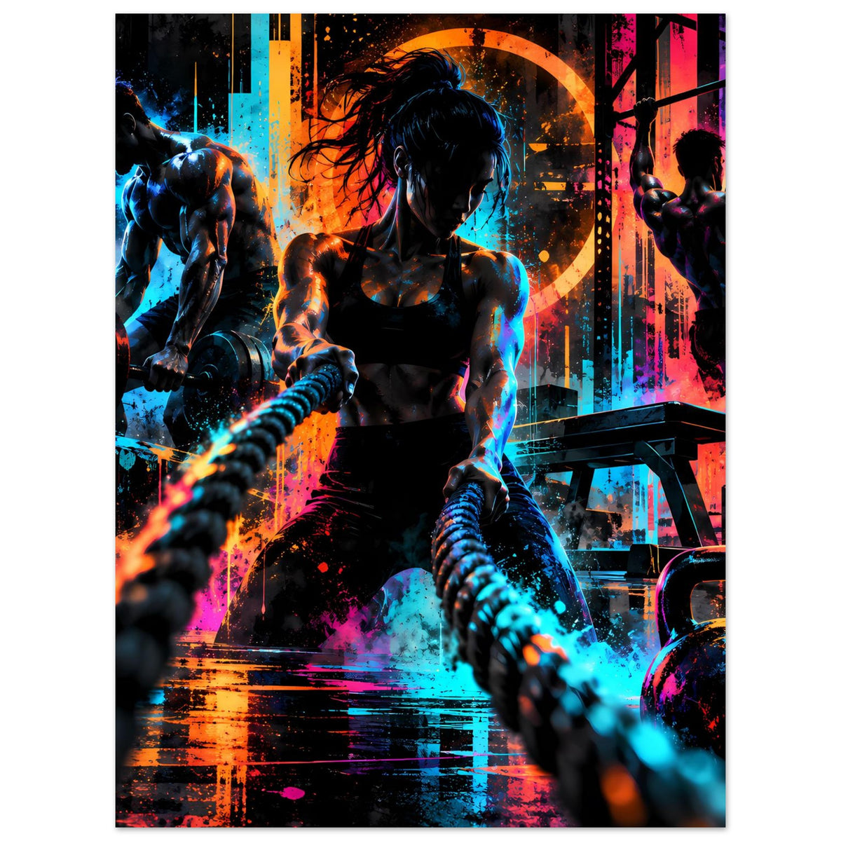 Neon-Fitnessposter im Hochformat mit Sportlerin und Hanteln, neonfarbenes Urban-Art-Motiv.