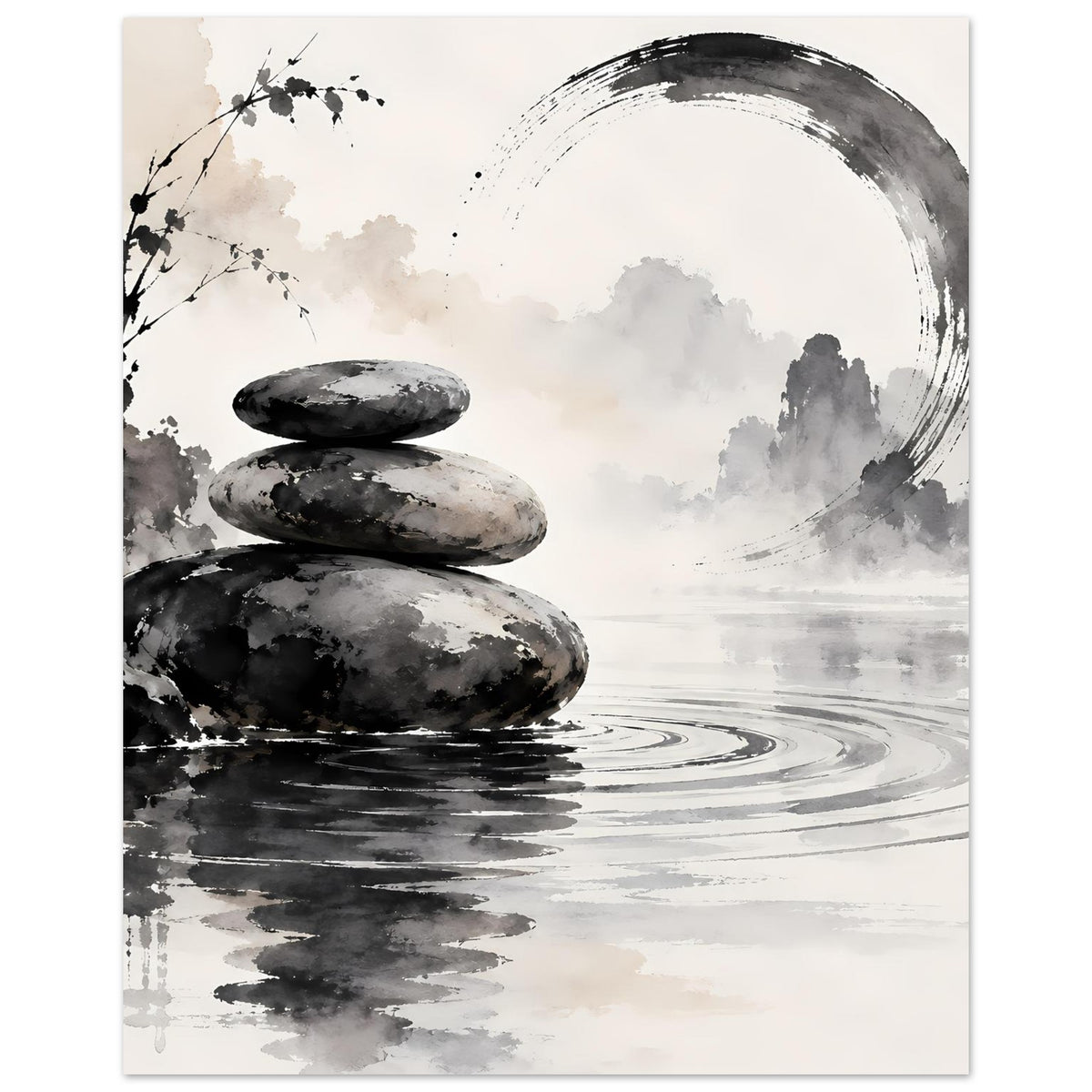 Zen-Balance Poster (Hochformat) mit Stapelsteinen, Wasserlinien und Kreis-Pinselstrich in Schwarzweiß