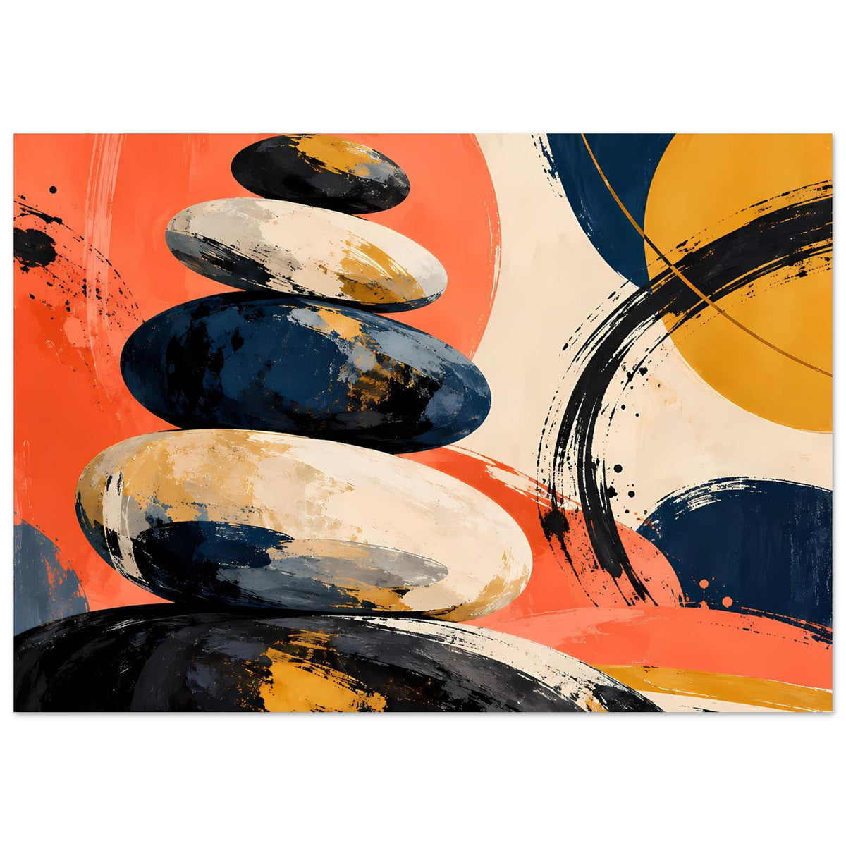 Poster mit Zen-Steinstapel, schwarze und blaue Steine auf orangefarbenem Pinselstrich