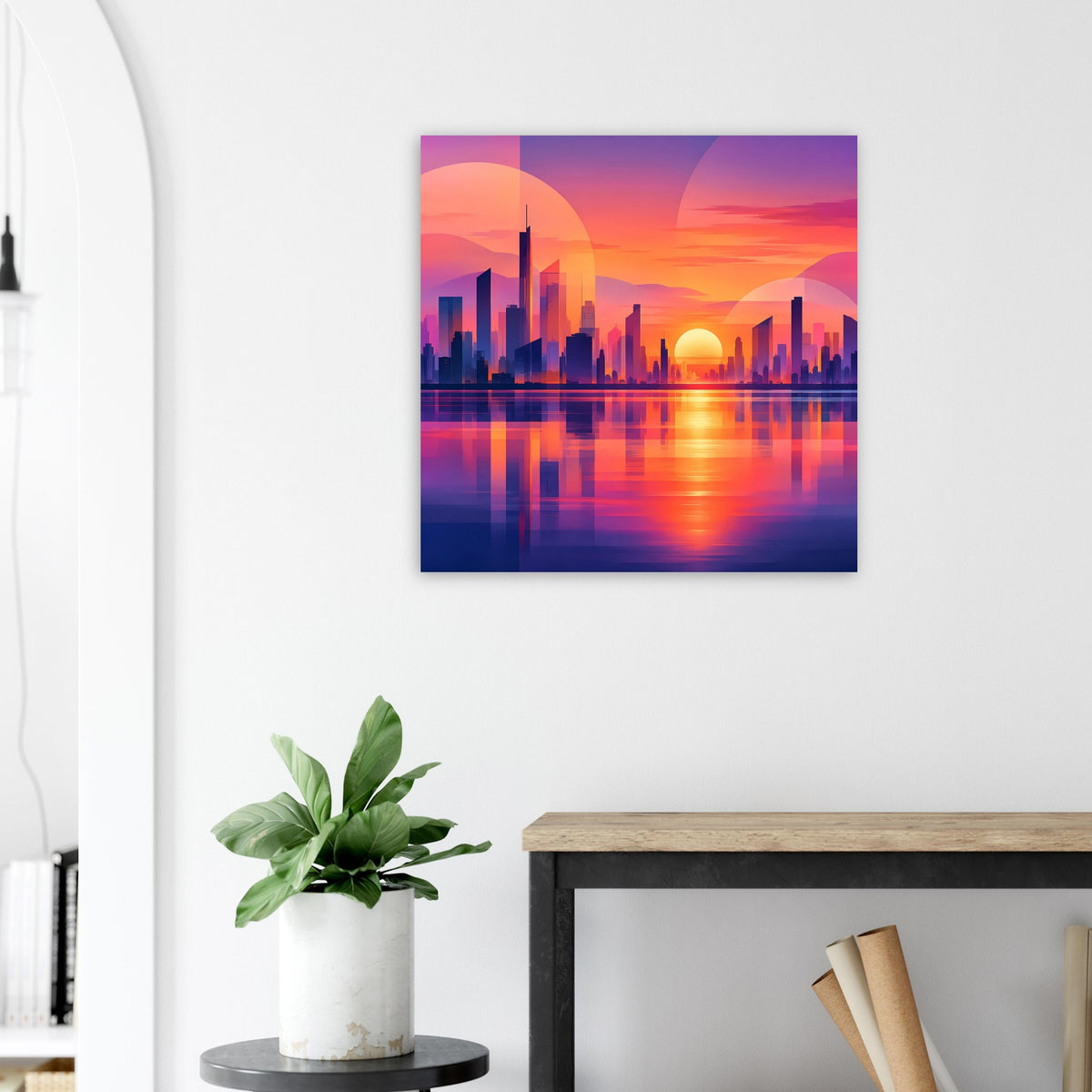 Stadtposter im Quadratformat mit Sonnenuntergang, Skyline-Silhouette und Spiegelung auf Wasser