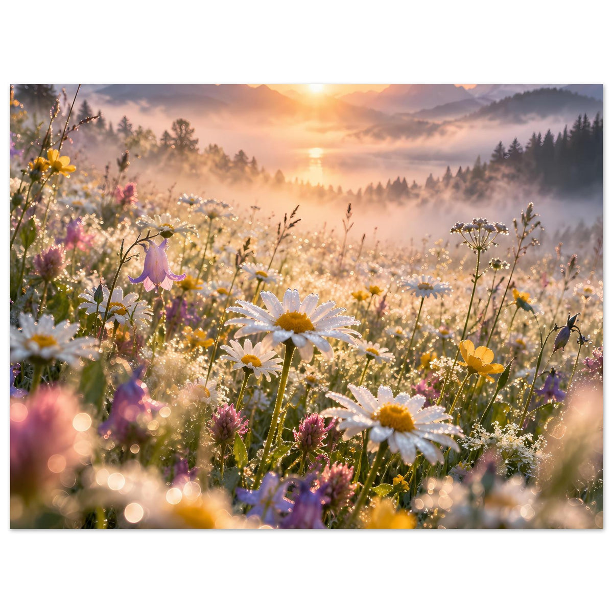 Wandposter mit Wiesenblumenstrauß im Vordergrund, gelbe und weiße Blüten, Sonne im Nebel