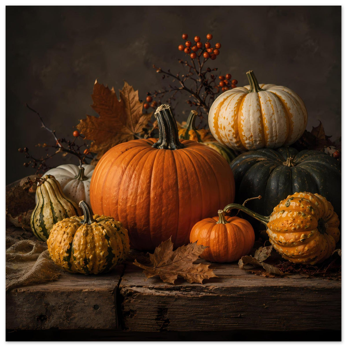 Herbstliche Kürbis-Komposition im Poster mit orangefarbenem, dunklem und hellem Kürbis auf Holzbrett