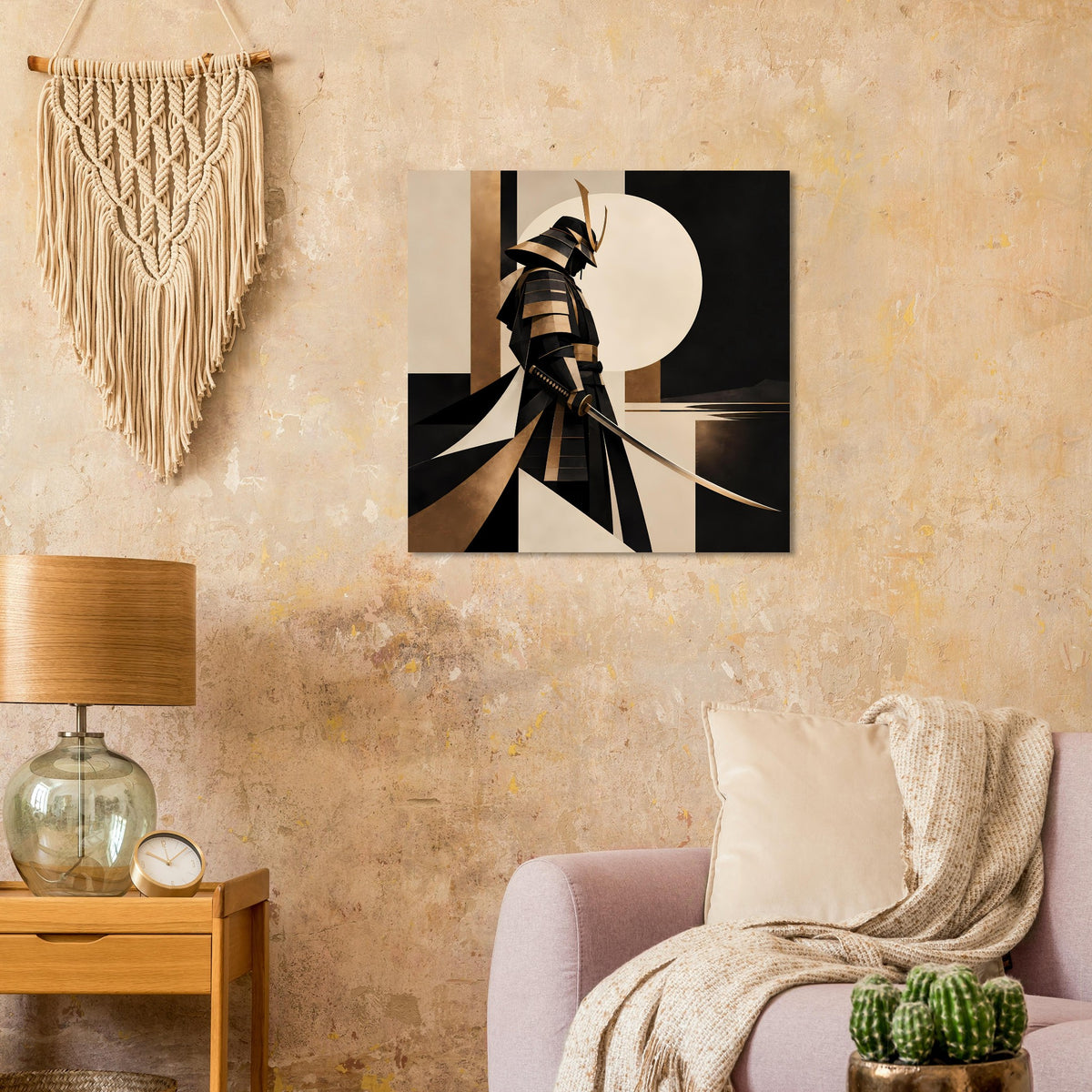 Quadratisches Kunstposter mit Samurai-Silhouette, geometrischem Gold-Schwarz-Design und Kreisform