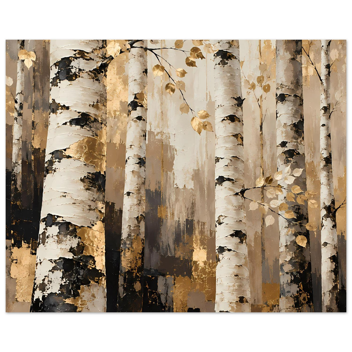 Naturposter: zentraler Birkenstamm mit goldenen Blattgirlanden und kontrastreichen dunklen Flächen.