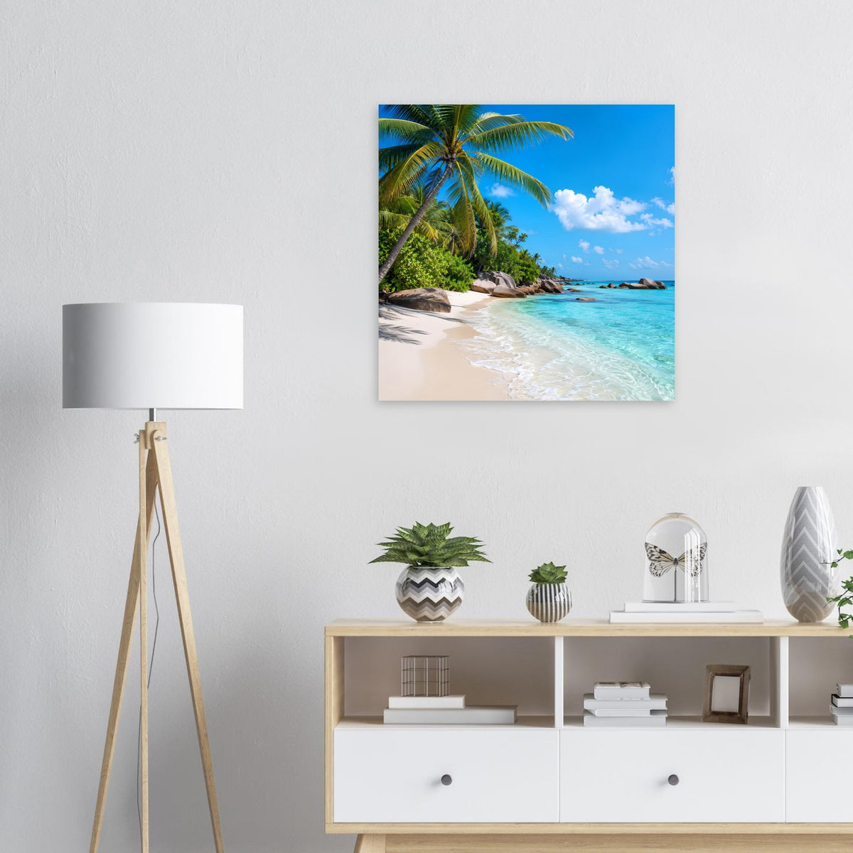 Quadratisches Tropen-Strandposter: Palmen, weißer Sand, türkisblaues Meer