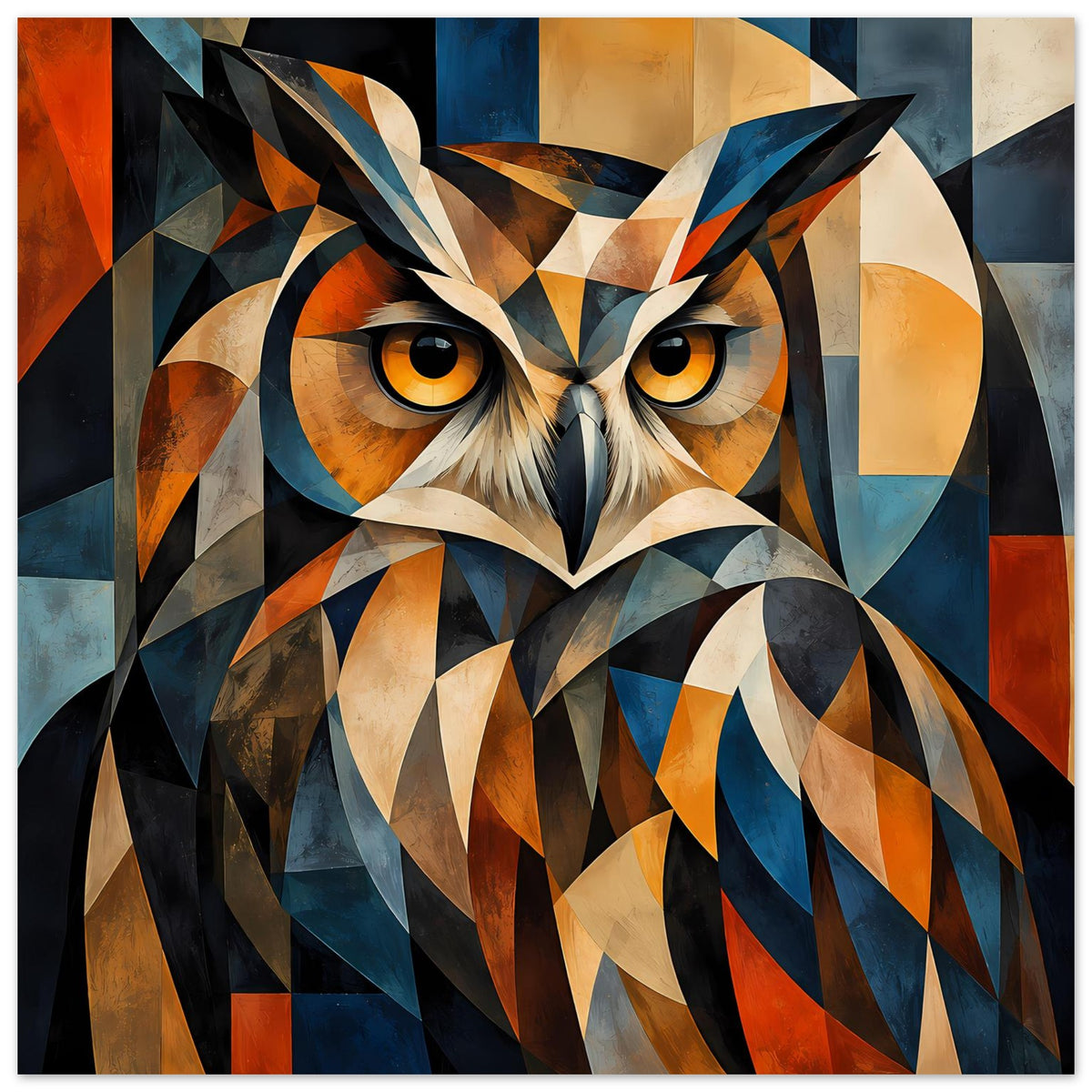 Geometrisches Eulenposter mit größerem Vogelkopf im Bild, bunte Flächen und Augen