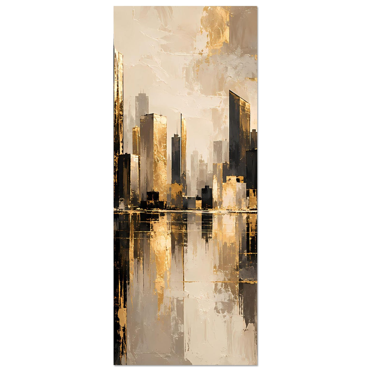 Vertikales Poster mit goldener Stadt-Skyline und Spiegelung im Wasser, schwarz-grau