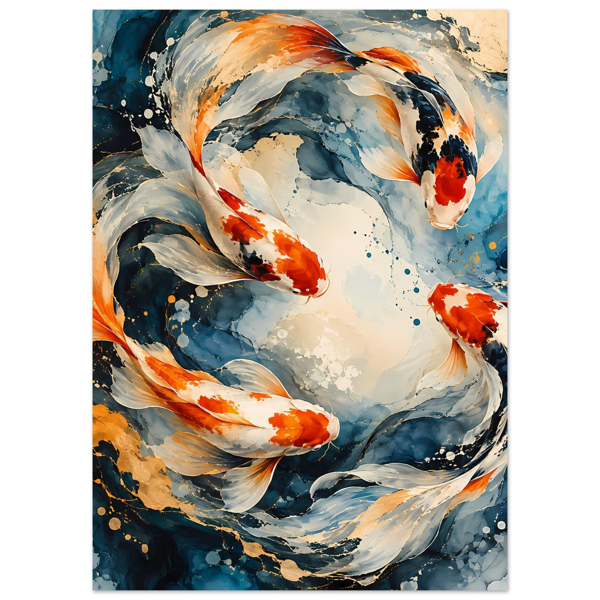 Kunstposter mit Koi-Fischen im Wasserschwirl, dynamische Pinselwirbel in Blau und Orange, gerahmt