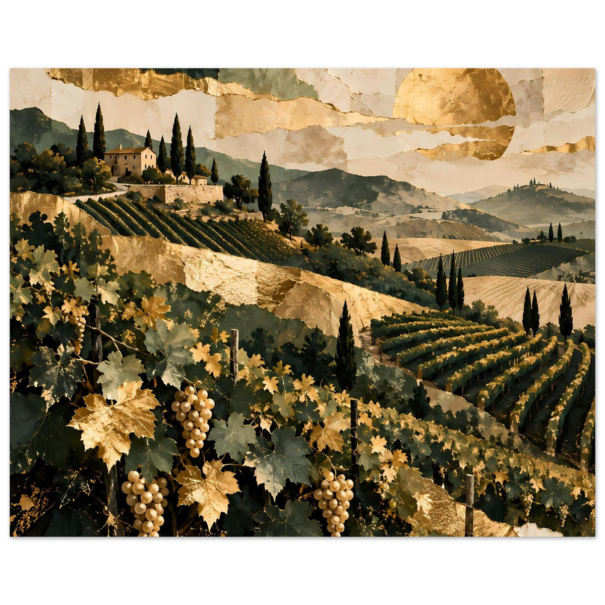 Mediterranes Landschaftsposter mit Weinreben, Dorf am Hang und Hügelkette in der Ferne