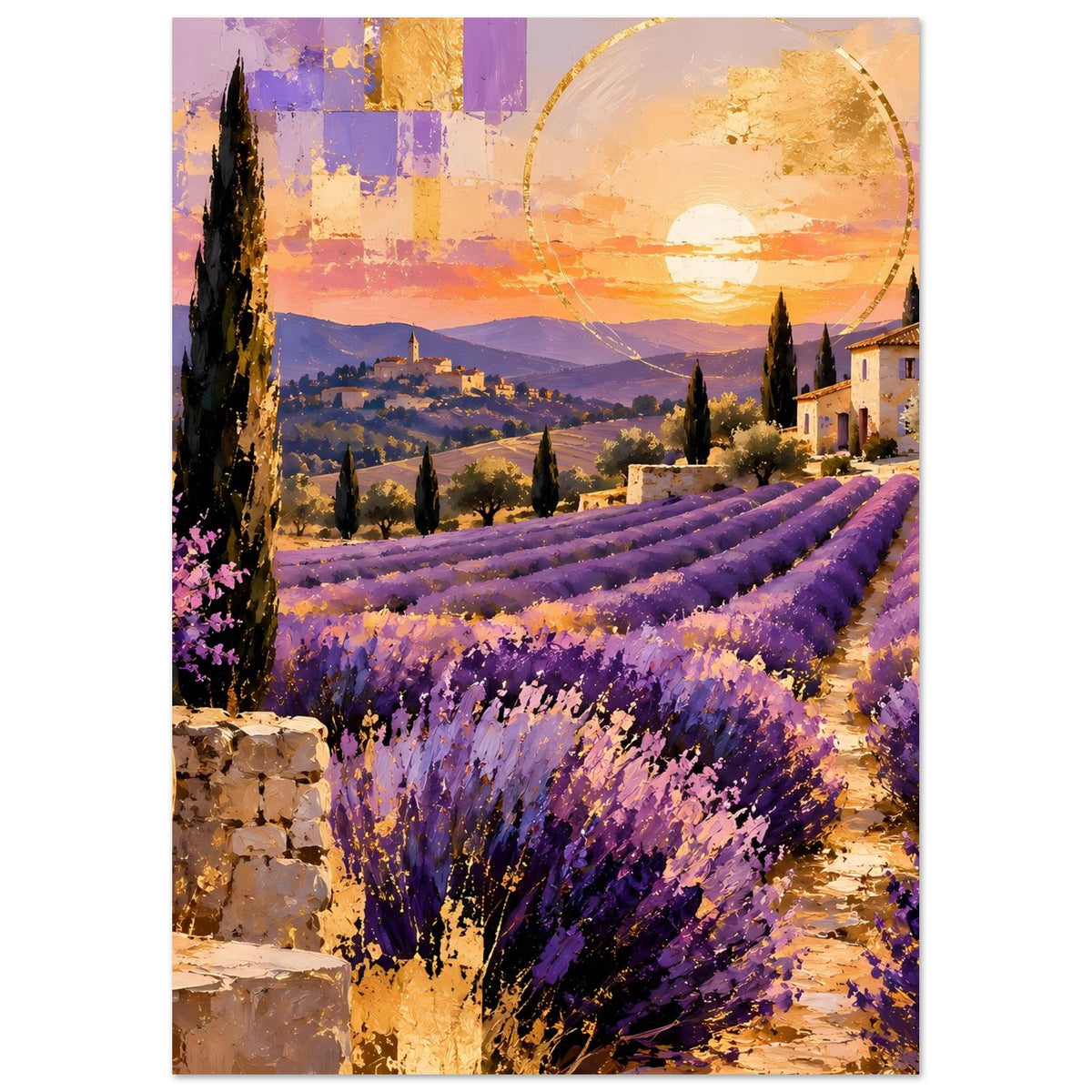 Poster mit Lavendelfeldern, goldenem Sonnenuntergang, Zypressen, Haus und Steinmauer