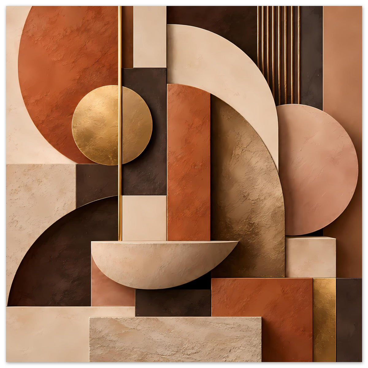 Kunstposter mit geometrischen Formen in Terrakotta, Beige und Gold, geschwungene Kreise