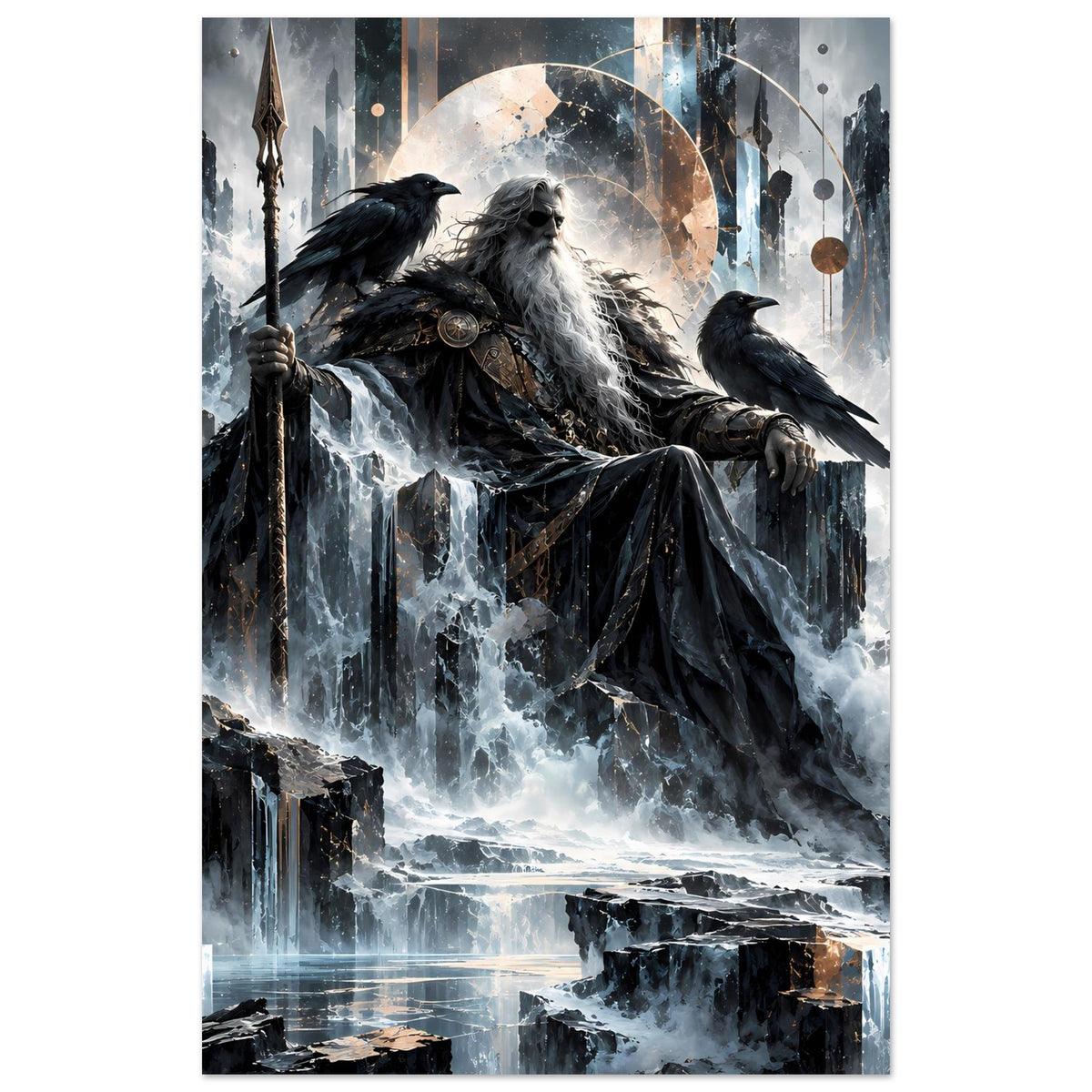 Mythologie-Poster, Odin sitzt mit Mantel auf Thron; Raben und Runenkranz im Bild