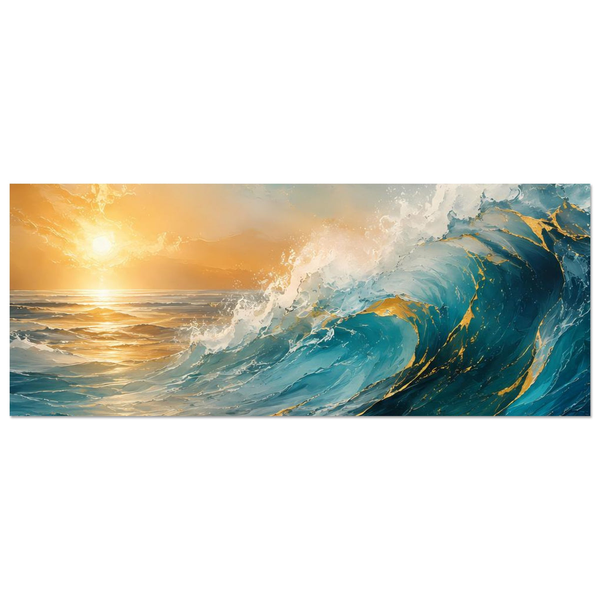 Premium-Poster, horizontale Ansicht: Ozeanwellen mit Sonnenuntergang, türkis und gold