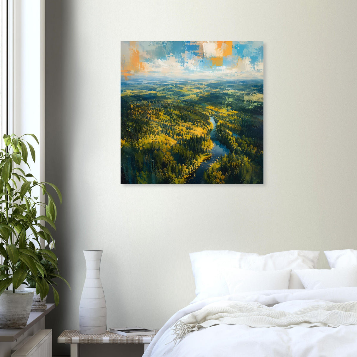 Quadratisches Poster mit Blick auf Herbstwald und Fluss