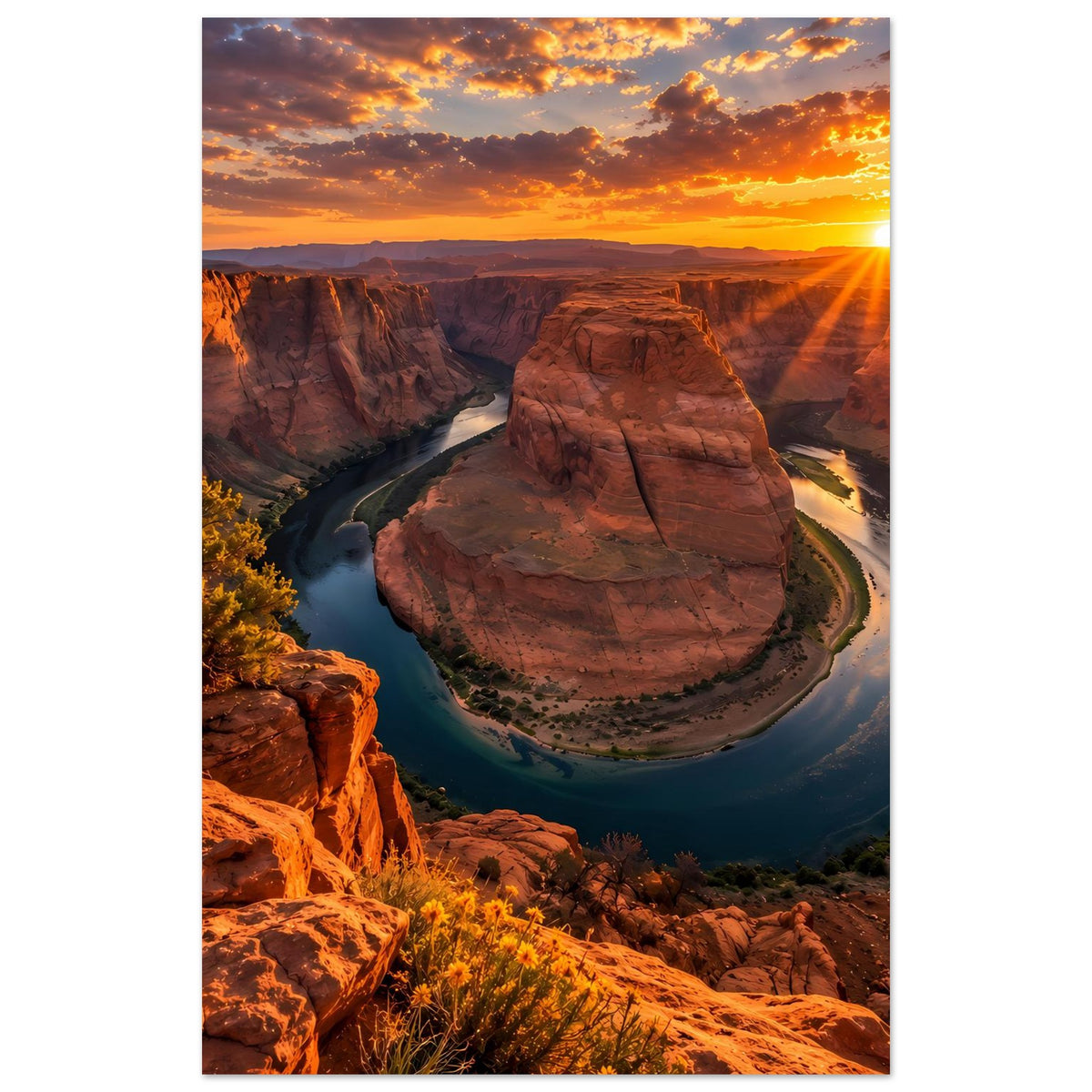 Hochformatiges Poster mit Canyonlandschaft, Flussschlinge und tief stehender Sonne