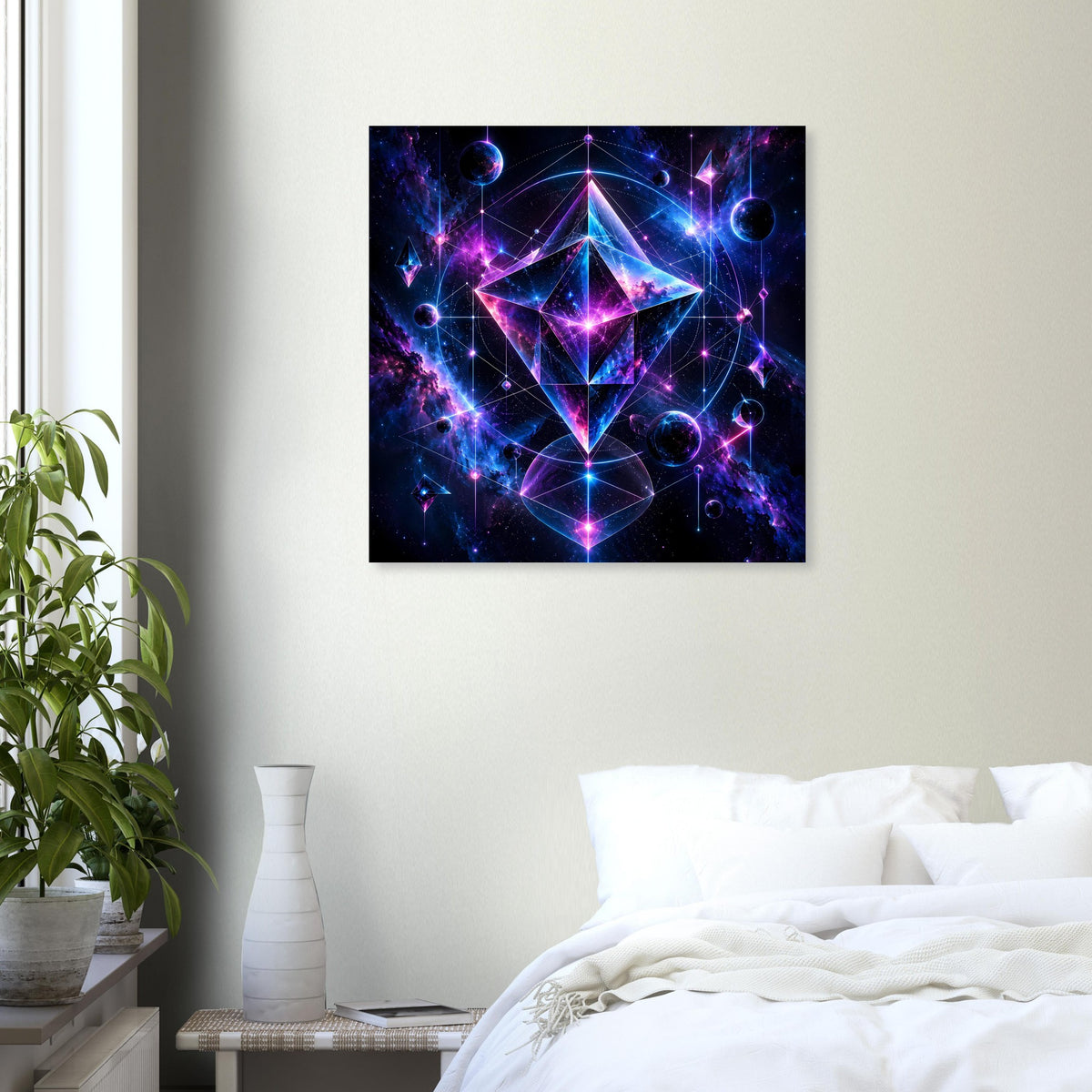 Quadratisches Wandposter mit kosmischem Stern-Design und Kreisen, in Blau und Magenta