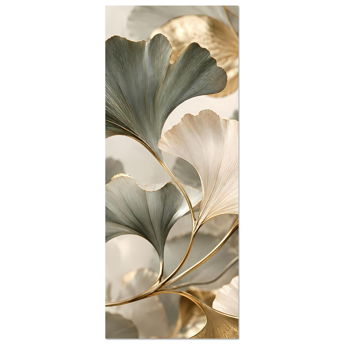 Schmales Poster hochkant mit Ginkgo-Blättern in Grau-Grün, Creme und goldenen Adern