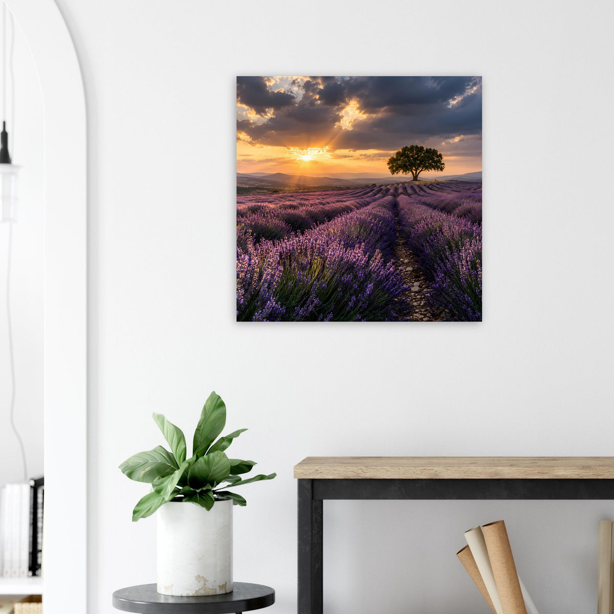 Quadratisches Poster mit Lavendelreihen und Sonnenuntergang zwischen Hügeln
