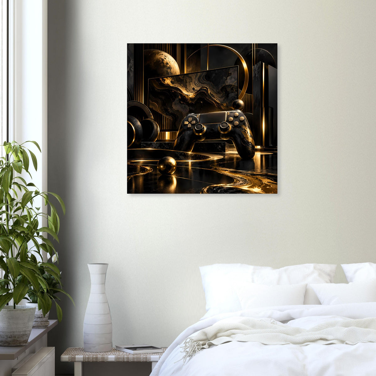 Gaming-Poster mit Controller-Illustration in Schwarz und Gold, rechteckig.