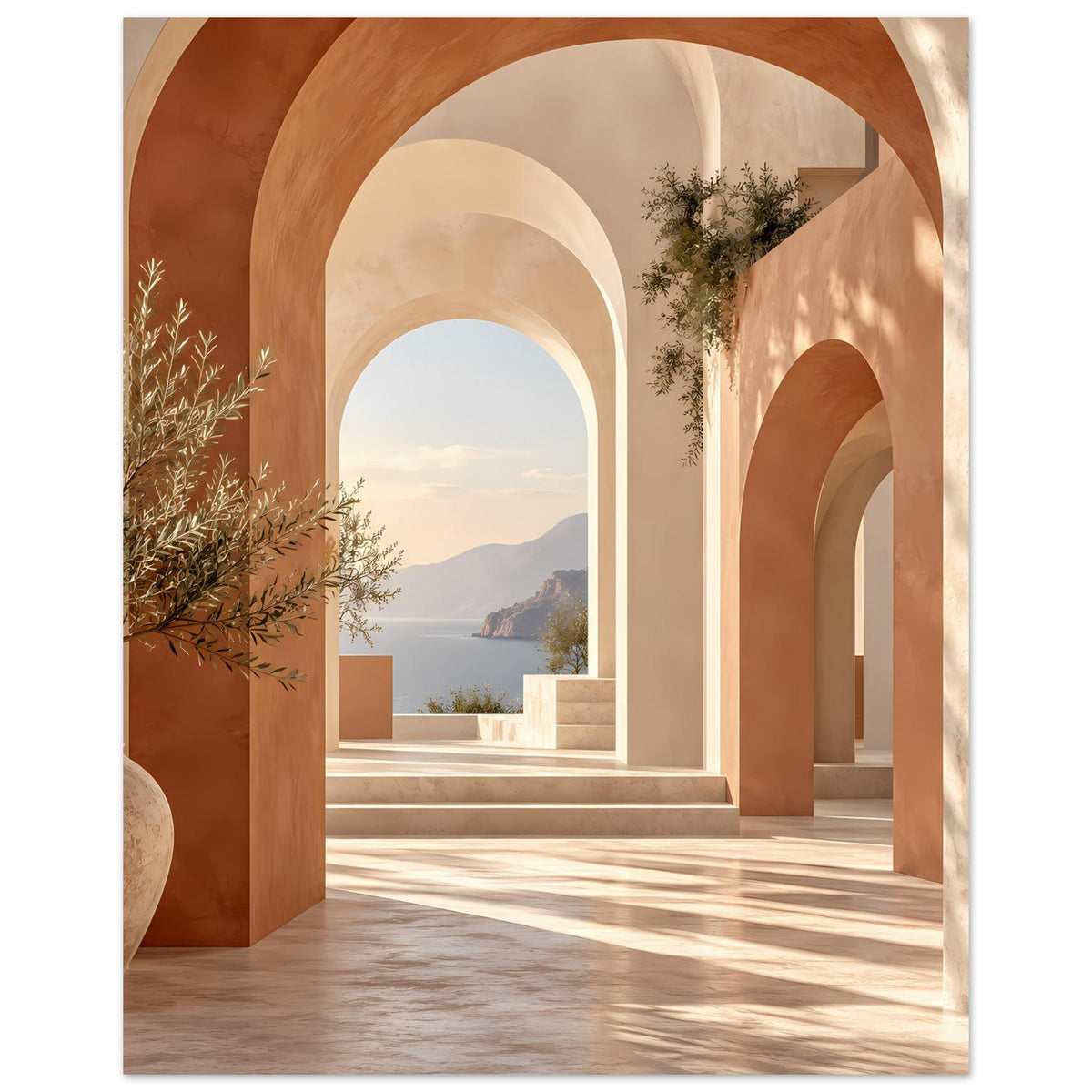 Mediterranes Poster mit Rundbögen, warmen Erdtönen und Pflanzen am Eingang, horizontal