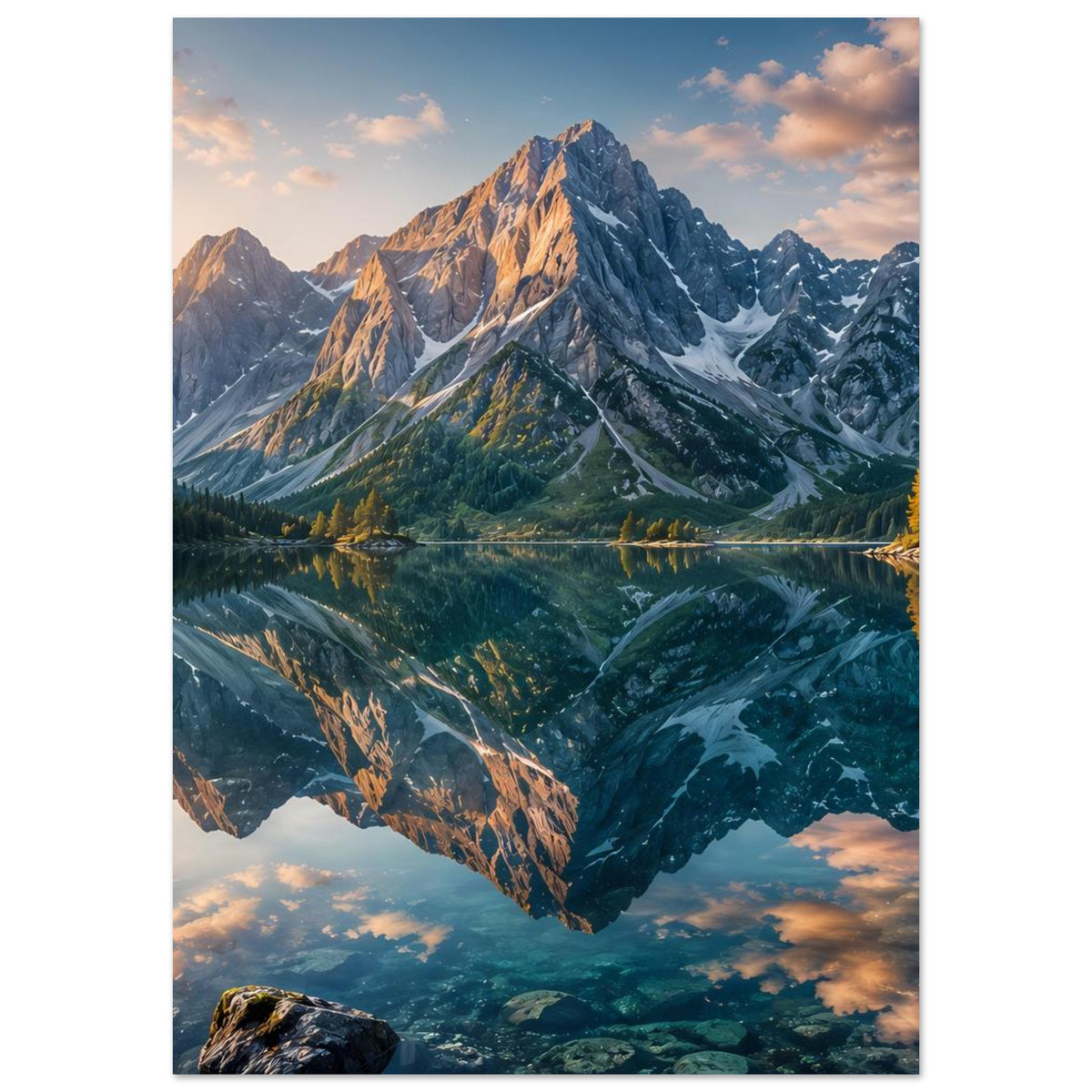 Poster mit Gebirgslandschaft und See-Reflexion, Berge im golden-blauen Sonnenuntergang