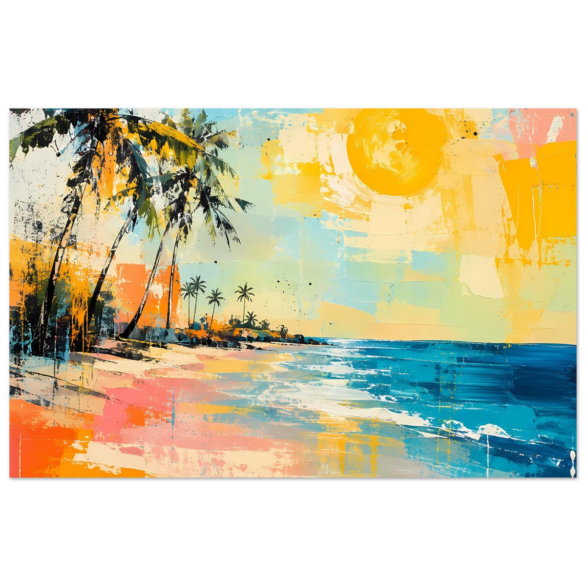 Tropisches Strandposter im Querformat mit Palmen, blauem Meer und gelber Sonne