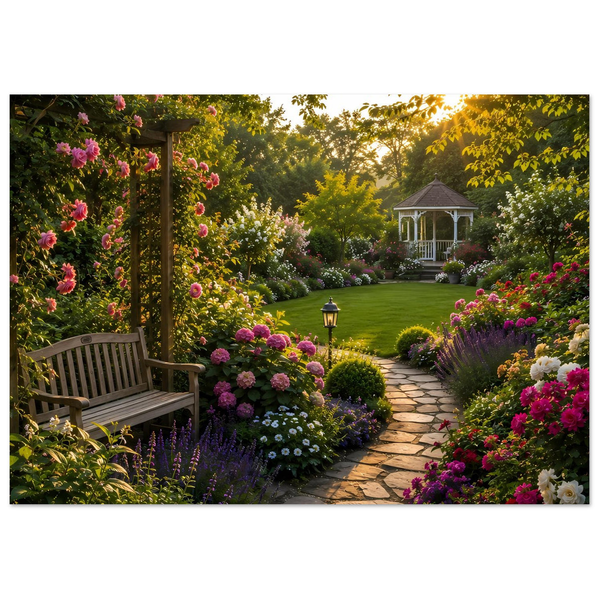 Gartenposter mit blühenden Pflanzen, Steinweg, Laterne und Pavillon in der Ferne