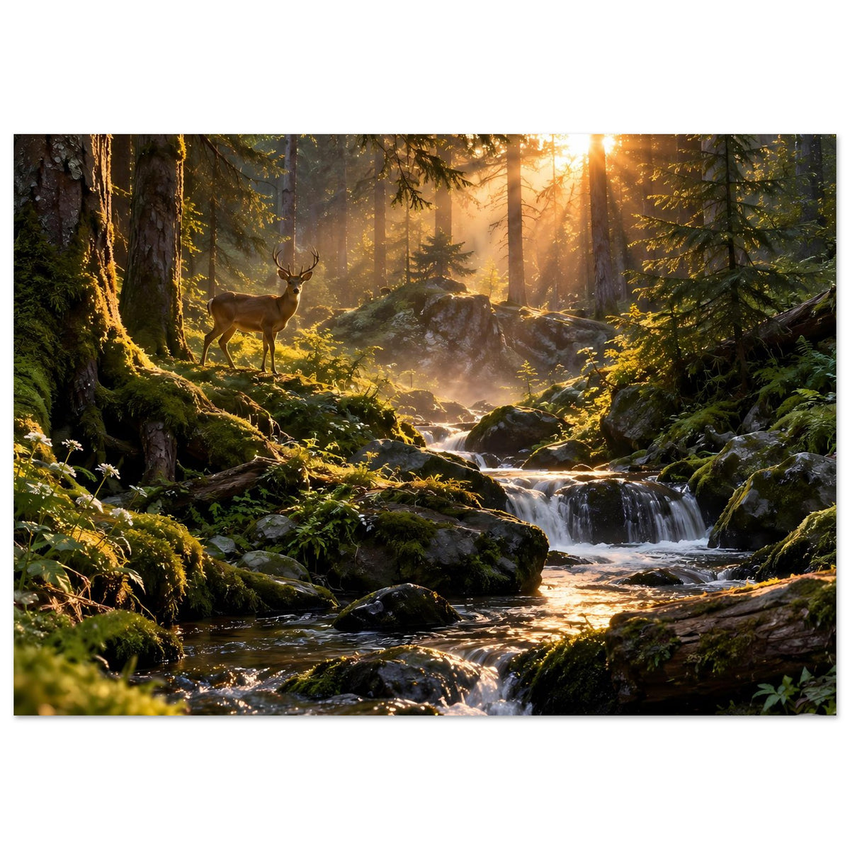 Querformat-Waldposter: Hirsch am Bach, Wasserfälle und Sonnenaufgang im tiefen Wald