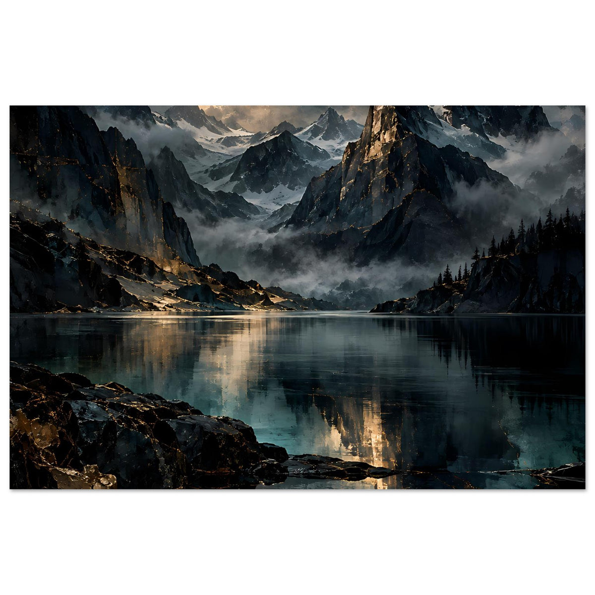 Poster mit Bergsee bei Dämmerung, Felsenküste und Spiegelung im Wasser