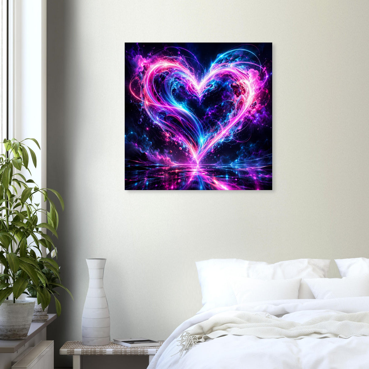 Quadratisches Poster mit neonfarbenem Herz in Pink und Blau, abstrakter Lichtwirbel