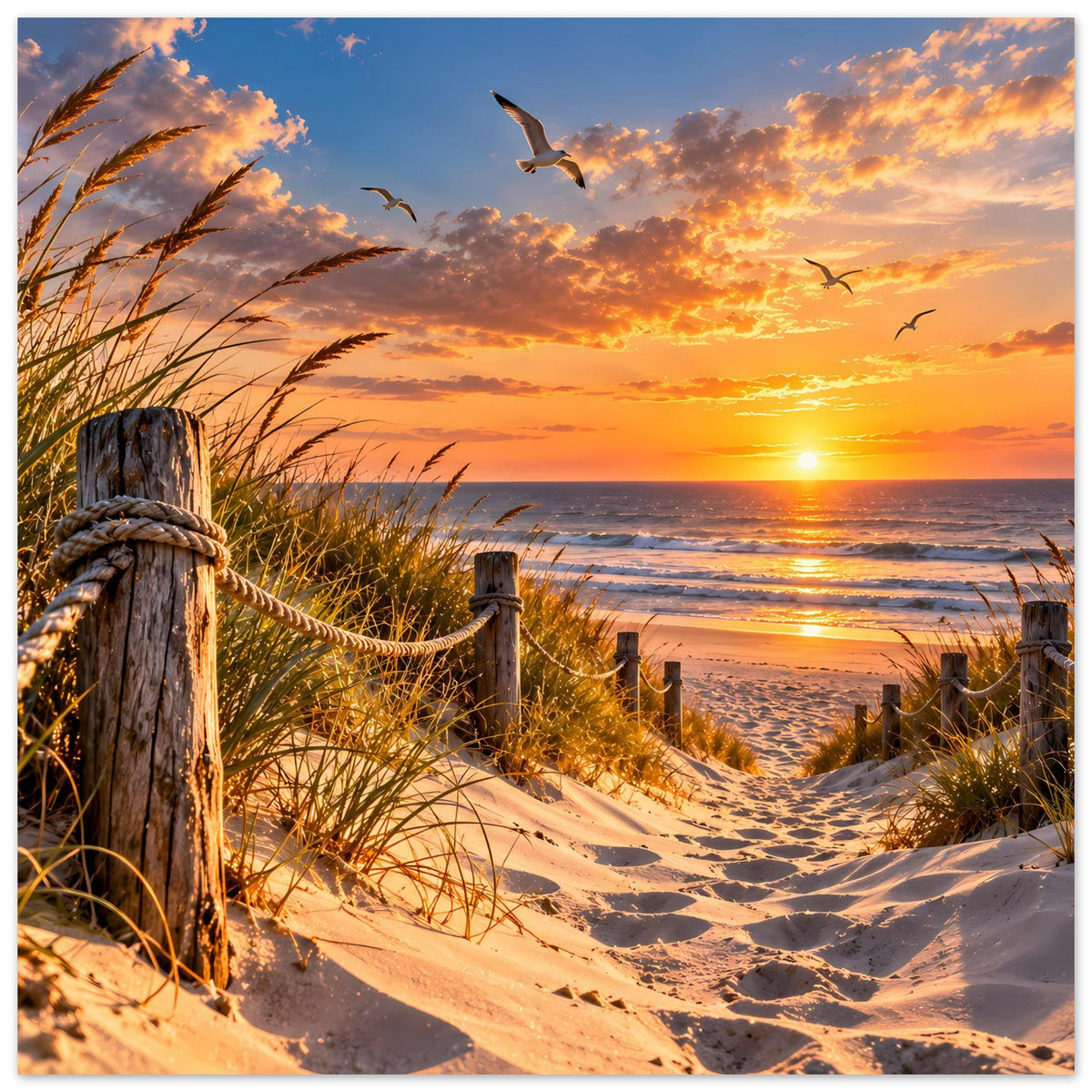 Strandposter im Hochformat mit Sonnenuntergang, Sanddünen, Schilfgras und Möwen