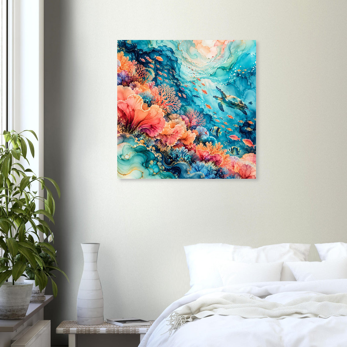 Quadratisches Poster: buntes Meer unter Wasser mit Korallen, Fischen und Wellen