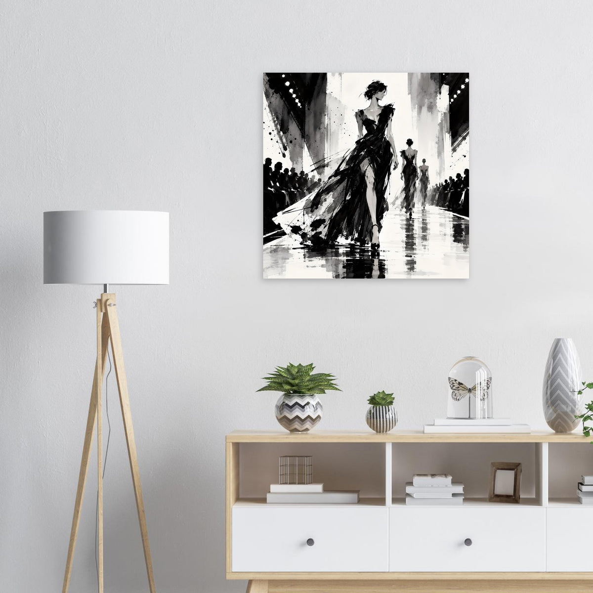 Querformatiges Schwarzweiß-Modeillustrationsposter mit Frauen-Silhouette im Rock
