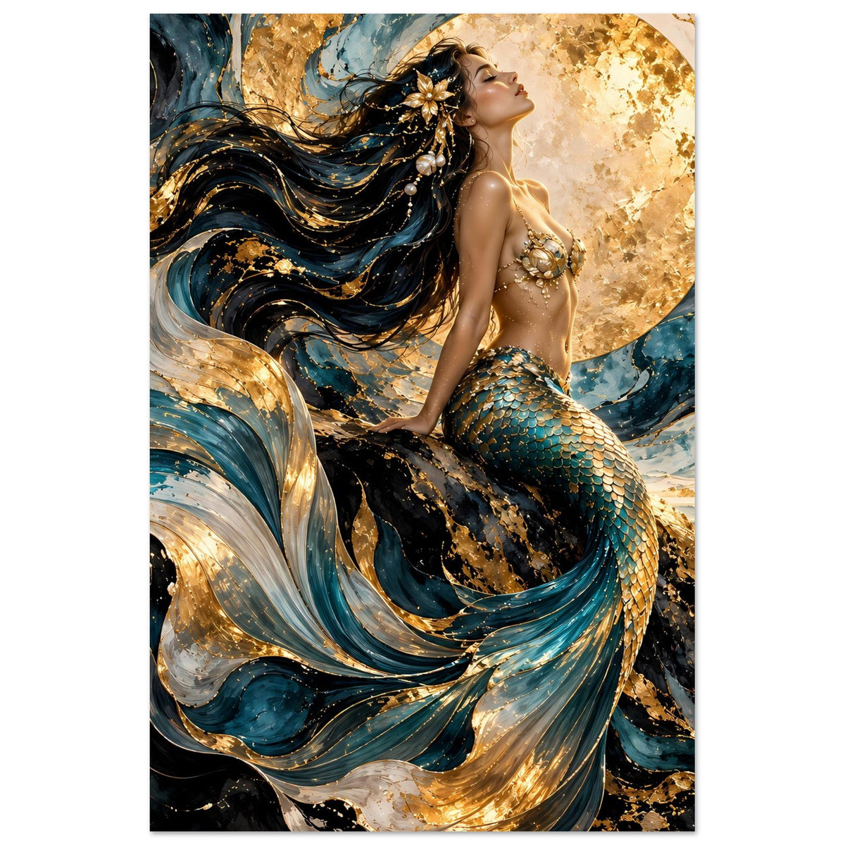 Vertikales Poster mit Meerjungfrau: dunkles Haar, türkis-goldene Schuppenflosse, goldener Mond