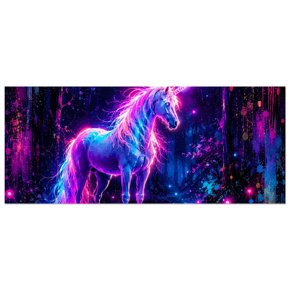 Neon-Einhorn-Poster im Querformat, Einhorn mit Regenbogenmähne und leuchtendem Horn.