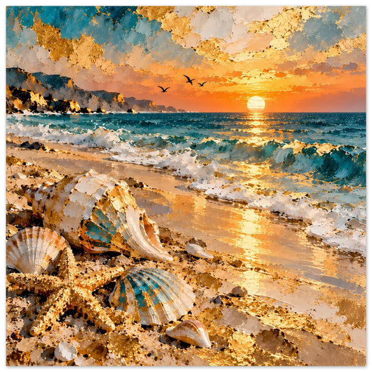 Strandposter mit orangefarbenem Himmel, Sonne im Meer und Muscheln am Strand