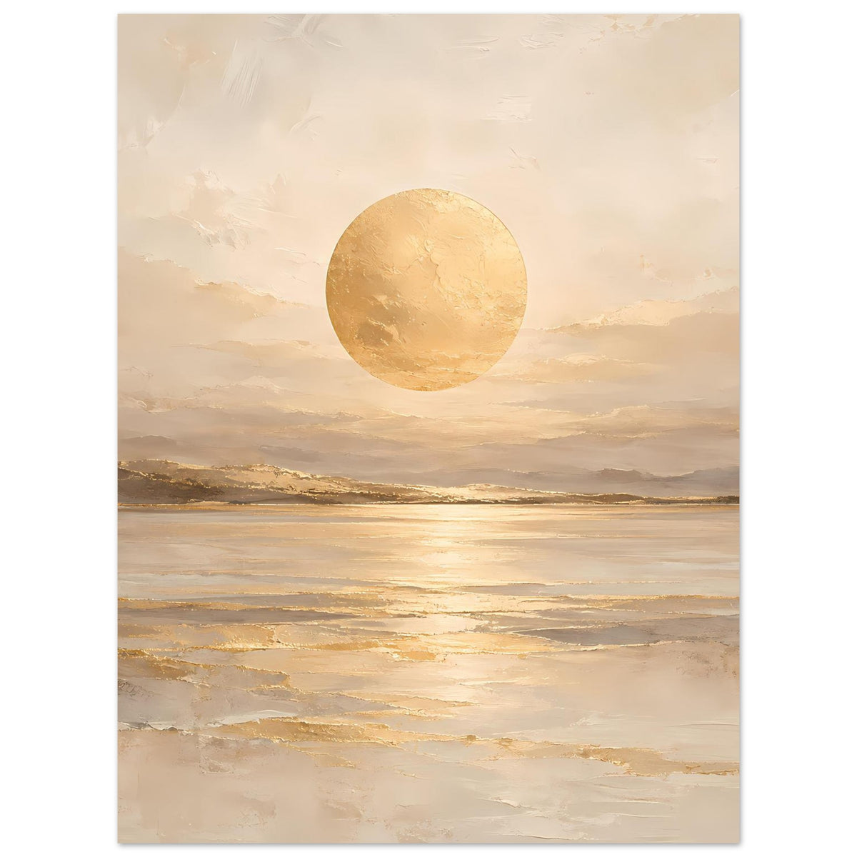 Kunstposter im Hochformat: ruhige Strandszene, gelber Sonnenkreis