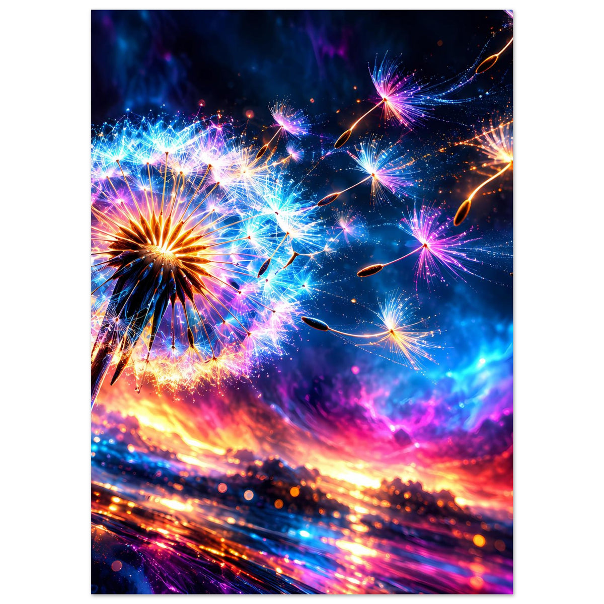 Poster, vertikal: Neonfeuerwerk mit orange-roten Explosionen unten und hellen Sternen in Blau