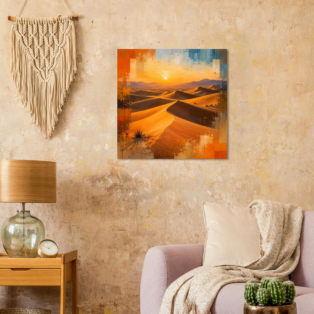 Poster Wüstenlandschaft mit Sonnenuntergang über Dünen, starke warme Farbflächen