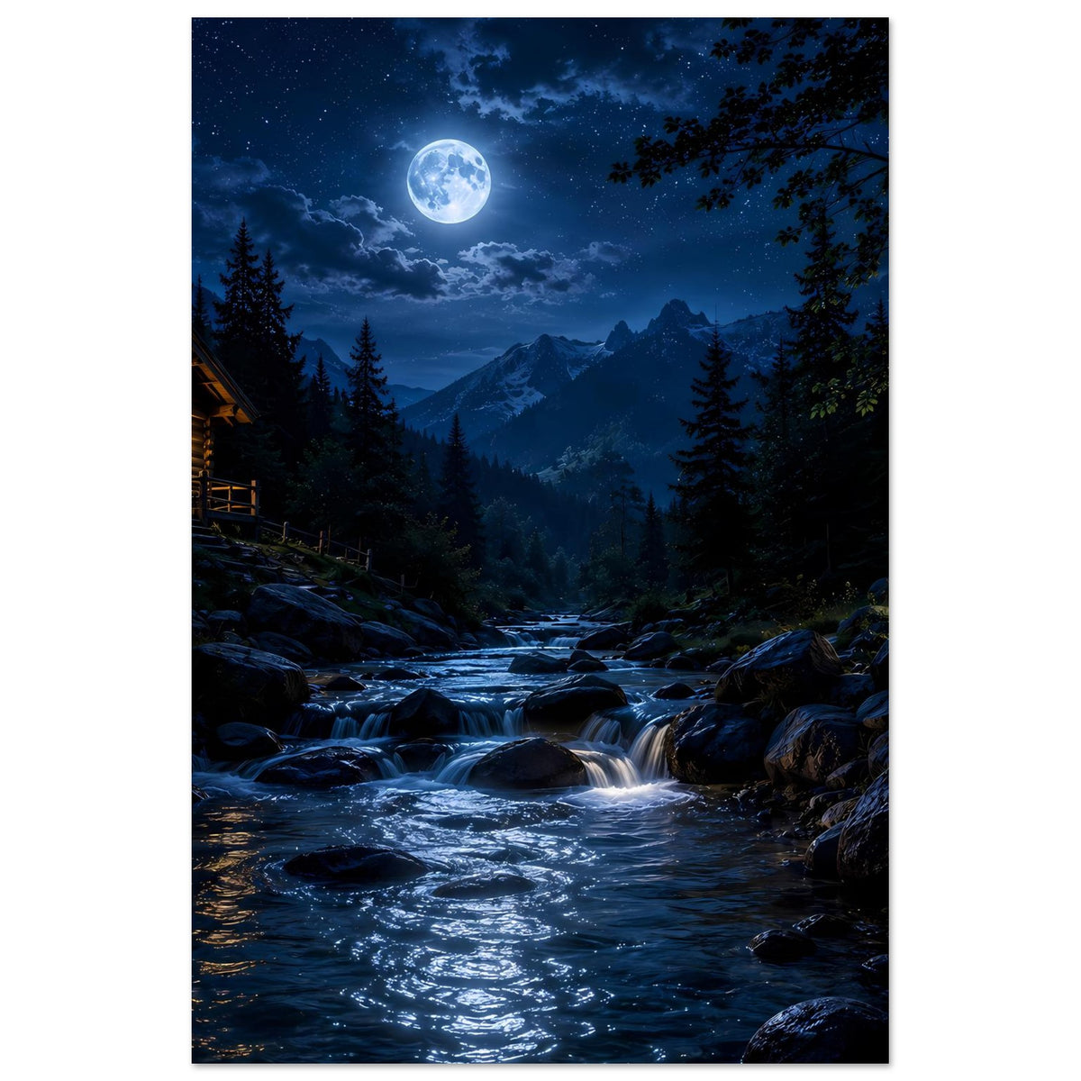 Wandposter: Mond über Berglandschaft mit Flusslauf, Felsen und dunklen Tannen
