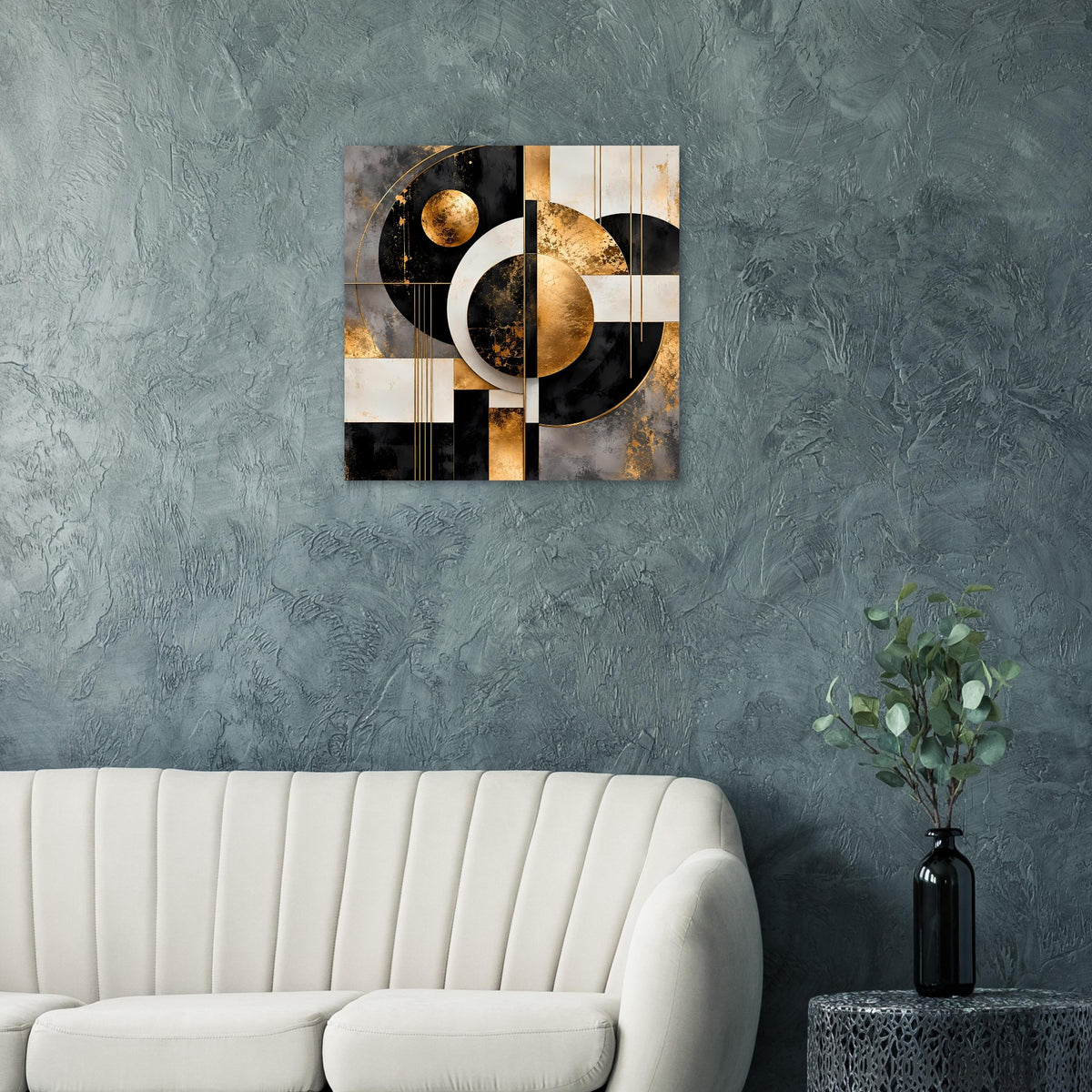 Quadratisches Poster mit geometrischen Kreis- und Liniensegmenten in Schwarz, Creme, Gold