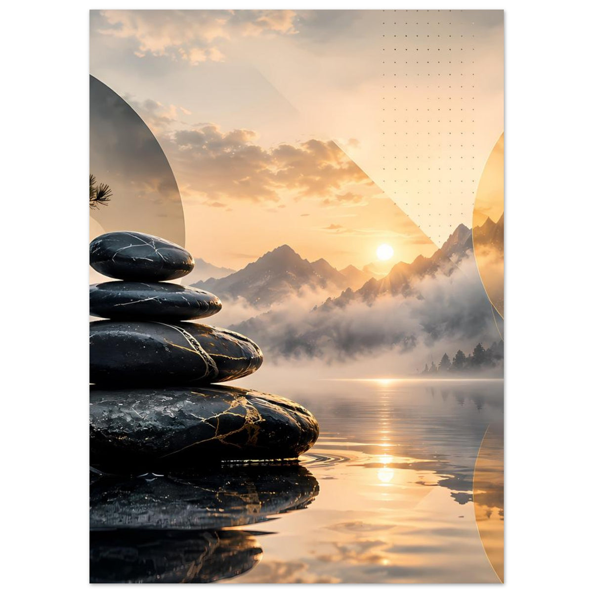Poster im Hochformat, Schwerpunkt auf Zen-Steinen und Sonnenaufgang in den Bergen