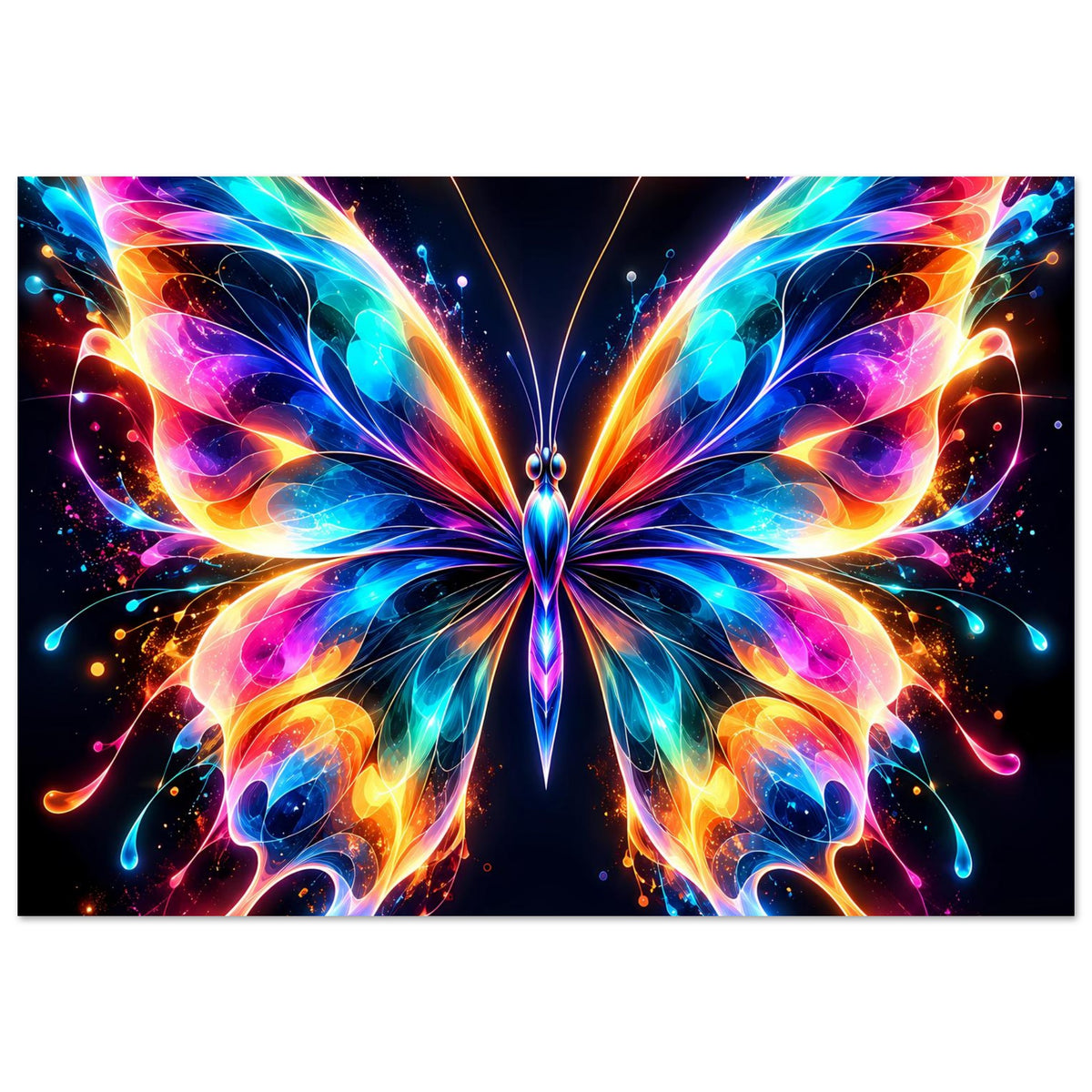 Neon-Schmetterlingsposter mit kräftigen Farben, geschwungenen Flügeln und Lichteffekten