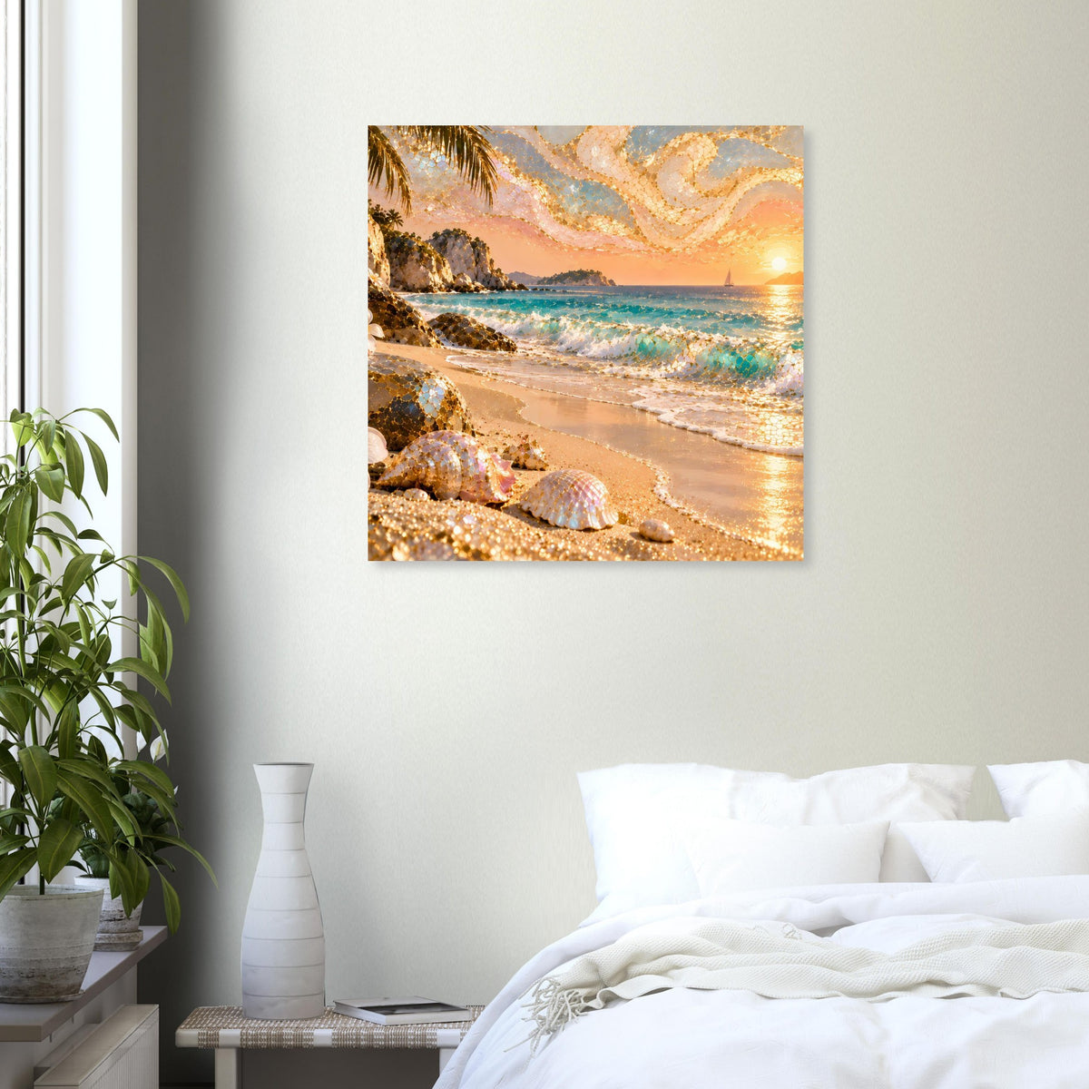 Wandposter: Strandlandschaft mit Sonnenuntergang, türkisfarbenes Meer und goldene Glitzerakzente